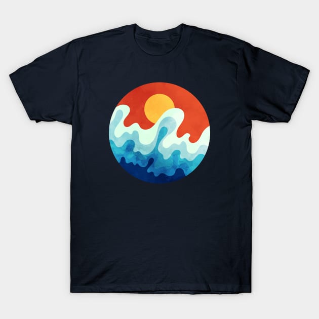 Vibrant Sun and Ocean Waves Art T-Shirt by Insightly Designs